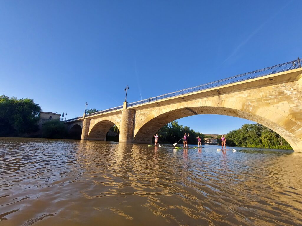 Un grupo de chicas realizando paddle surf por el rio Ebro en el tramo urbano de Logroño